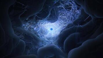 Blue and white energy spreads from the center through a network of interconnected nodes, creating an abstract visual effect video