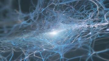 Energy pulses and flows through a complex network of interconnected nodes, creating a dynamic visual representation of technology video