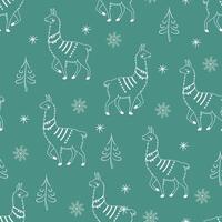 alpaca christmas on background with fir trees seamless pattern vector