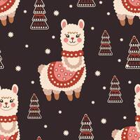 alpacas christmas on the background of fir trees seamless pattern vector