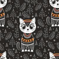 cat in against the background of Christmas trees. seamless pattern vector