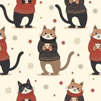 cats drinking tea on snowflakes background. seamless pattern vector