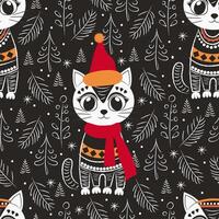 cat in a hat against the background of Christmas trees. seamless pattern vector