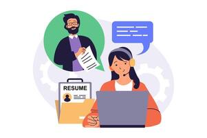 Online job interview web concept with flat cartoon people for website design. Woman talking with job candidate by call, selecting best resume, searching office employees. illustration. vector