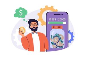 Saving money web concept with flat cartoon people for website design. Man collecting coins and cash using mobile app, making deposits in bank and getting profit at account. illustration. vector