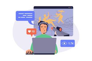 streaming web concept with flat cartoon people for website design. Man playing in virtual shooter and making live broadcast, blogger communicating with followers at stream. illustration. vector