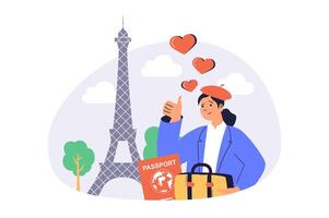 Travel and tourism web concept with flat cartoon people for website design. Woman with suitcase visiting France and enjoying landmarks and architecture, sightseeing Eiffel tower. illustration. vector