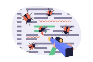 Software testing web concept with flat cartoon people for website design. Developer with shoot gun looking program bugs, finding problems in program, debugging code at screen. illustration. vector