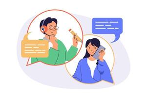 Call center web concept with flat cartoon people for website design. vector