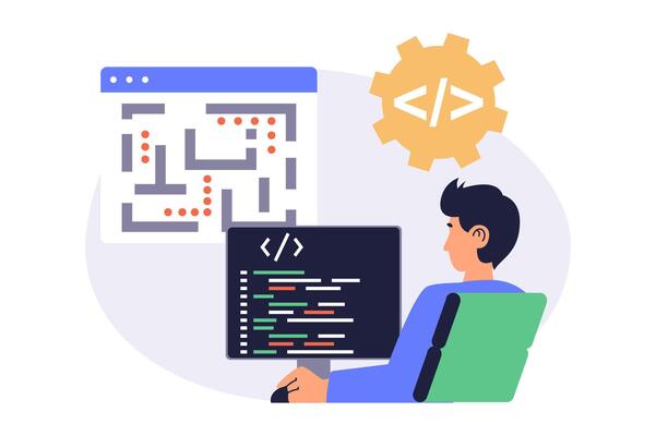 game developer web concept with flat cartoon people for website design. Man creating and writing code for simple computer game, programming at screen, testing interface. illustration.