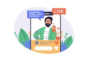 streaming web concept with flat cartoon people for website design. Man making live broadcasting, communicating with flowers, speaking to audience in social media in app. illustration. vector