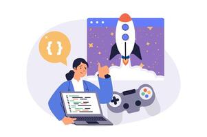 game developer web concept with flat cartoon people for website design. Woman programming and coding at startup game project, testing software with controller console. illustration. vector