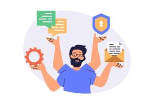 System administrator web concept with flat cartoon people for website design. Man does maintenance to server infrastructure, making updates, protecting service and chatting. illustration. vector