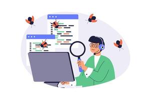Software testing web concept with flat cartoon people for website design. Man with magnifier looking bugs and errors, finding mistakes in program code, fixing and debugging code. illustration. vector