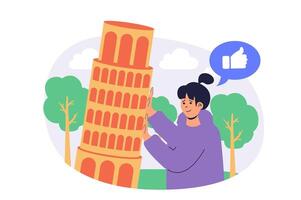 Travel and tourism web concept with flat cartoon people for website design. Woman visiting Italy and enjoying landmarks and architecture, sightseeing leaning tower of Pisa. illustration. vector