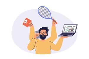 Multitasking web concept with flat cartoon people for website design. Man with many arms doing tasks in office, calling by phone, coding at laptop, playing tennis, drinks coffee. illustration. vector
