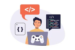 game developer web concept with flat cartoon people for website design. Man working with code for computer game, programming at screen and testing with joystick console. illustration. vector