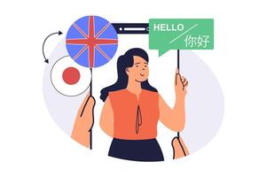 Studying foreign language online web concept with flat cartoon people for website design. Student learning japanese at online course with teacher at mobile app, talks with native. illustration. vector
