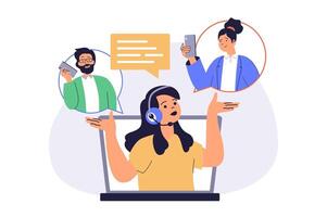Call center web concept with flat cartoon people for website design. vector