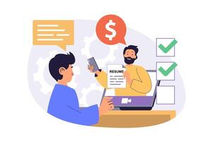 Online job interview web concept with flat cartoon people for website design. Man presenting his resume for vacancy and talking HR agent by call, finding new job in office. illustration. vector