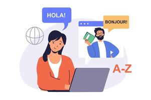 Studying foreign language online web concept with flat cartoon people for website design. Woman learning new languages, watches with teacher at laptop, talking with native. illustration. vector