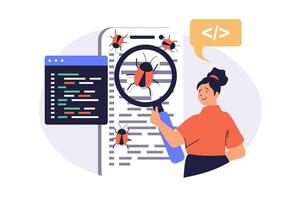 Software testing web concept with flat cartoon people for website design. Woman with magnifier looking for software error, finding bugs in program code, fixing and debugging code. illustration. vector