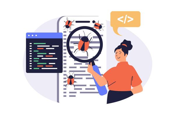 Software testing web concept with flat cartoon people for website design. Woman with magnifier looking for software error, finding bugs in program code, fixing and debugging code. illustration.