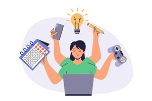 Multitasking web concept with flat cartoon people for website design. Woman with many arms doing different tasks in office, managing time, playing, calling phone, earning money. illustration. vector