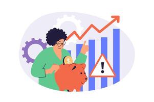 Saving money web concept with flat cartoon people for website design. Woman collecting coins in piggy bank, makes financial data analysis with chart and arrow growth, gets profit. illustration. vector