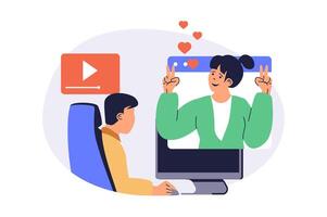 streaming web concept with flat cartoon people for website design. Man watching live broadcast from online blog and following streamer, putting likes and subscription. illustration. vector