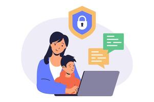 Internet cyber safety for kids web concept with flat cartoon people for website design. vector