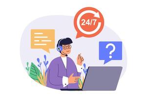 Call center web concept with flat cartoon people for website design. vector