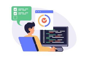 Software testing web concept with flat cartoon people for website design. Man works as tester, making code analysis, finding bugs and errors in program, fixing and debugging code. illustration. vector
