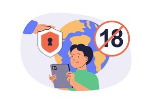 Internet cyber safety for kids web concept with flat cartoon people for website design. vector