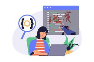 game developer web concept with flat cartoon people for website design. Woman programming and coding at new shooter project, creating virtual game play process at laptop. illustration. vector