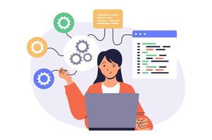 System administrator web concept with flat cartoon people for website design. Woman monitoring server infrastructure at laptop, checks problems, doing maintenance and settings. illustration. vector