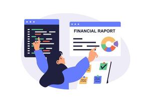 Multitasking web concept with flat cartoon people for website design. Woman doing work in office, coding and programming at screens, making financial reports, planning tasks. illustration. vector