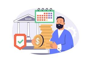 Saving money web concept with flat cartoon people for website design. Man making investments with financial strategy, collecting coins and making deposit in bank with program. illustration. vector