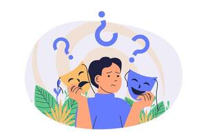 Mental health problem web concept with flat cartoon people for website design. Man with upset and sad mind holds theatre masks and imitating roles, needing psychotherapy therapy. illustration. vector