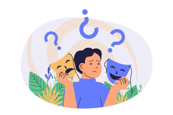 Mental health problem web concept with flat cartoon people for website design. Man with upset and sad mind holds theatre masks and imitating roles, needing psychotherapy therapy. illustration.