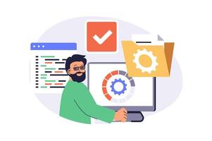 System administrator web concept with flat cartoon people for website design. Man doing optimization to programs of server infrastructure, fixing program code and monitoring. illustration. vector