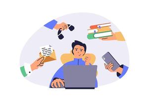 Multitasking web concept with flat cartoon people for website design. Man doing work tasks and organisation routines in office, coding at laptop, doing paperwork, shopping online. illustration. vector