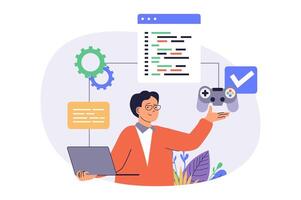 game developer web concept with flat cartoon people for website design. Man creating new game project, programming and coding, works with algorithm and processes at laptop. illustration. vector