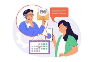 Online job interview web concept with flat cartoon people for website design. Man working as HR, interviewing candidates by call, searching new employees, setting meeting. illustration. vector