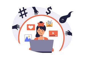 Internet cyber safety for kids web concept with flat cartoon people for website design. vector