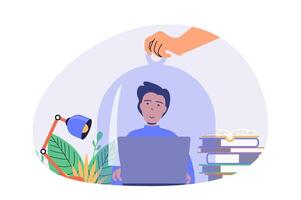 Internet cyber safety for kids web concept with flat cartoon people for website design. vector