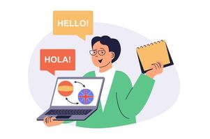 Studying foreign language online web concept with flat cartoon people for website design. Man learning english and spanish with course, doing lesson trainings at laptop. illustration. vector
