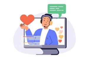 streaming web concept with flat cartoon people for website design. Man creating blog content and making live broadcasting, communicating with flowers and collecting likes. illustration. vector