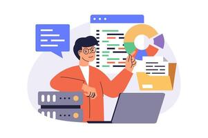 System administrator web concept with flat cartoon people for website design. Man does maintenance to server infrastructure, fixing program code, saving files at data center. illustration. vector