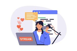 streaming web concept with flat cartoon people for website design. Woman talking to microphone and making live broadcast, creating blog content with news and followers chat. illustration. vector